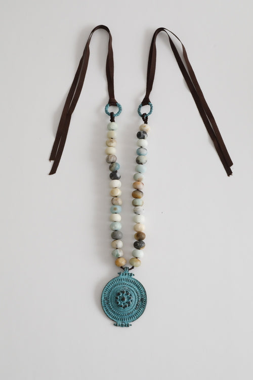 Amazonite Button Gemstone Ribbon Necklace with Medallion