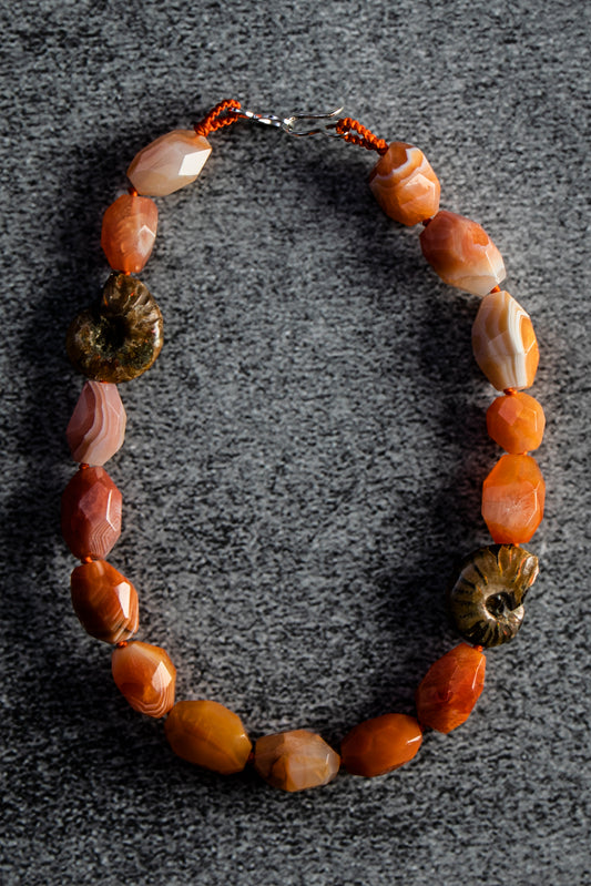 Orange Botswana Agate Nugget and Ammonite Gemstone Necklace