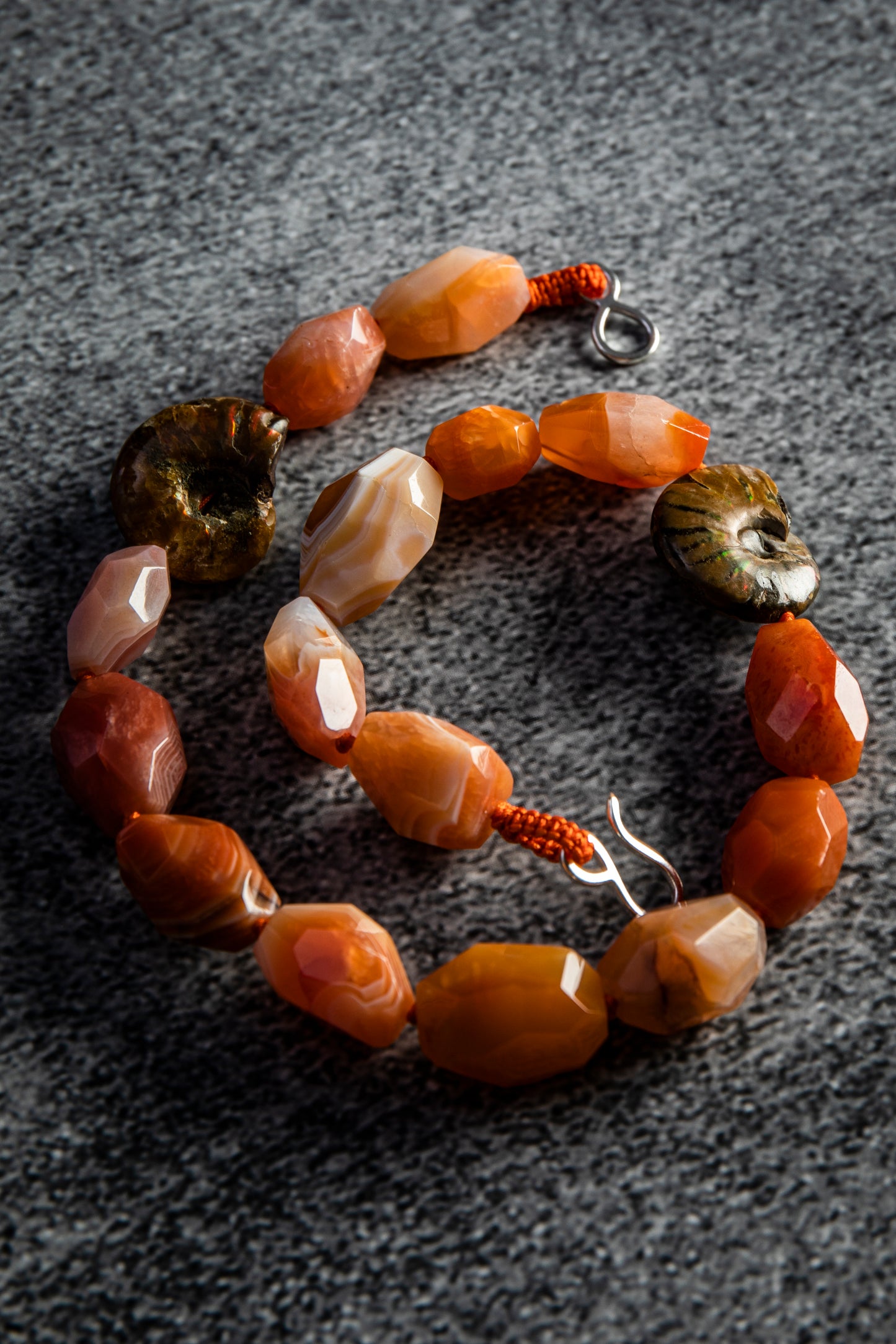 Orange Botswana Agate Nugget and Ammonite Gemstone Necklace