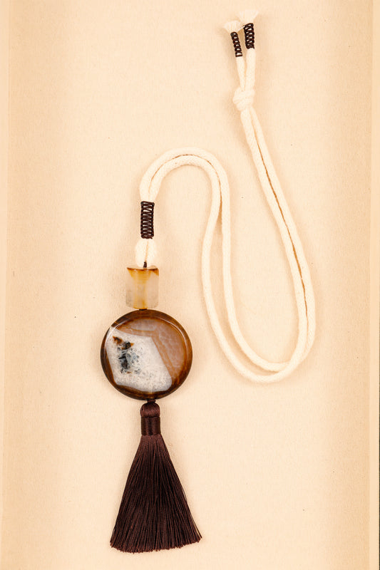 Large Brown Agate Coin and Cylinder Long Rope Necklace