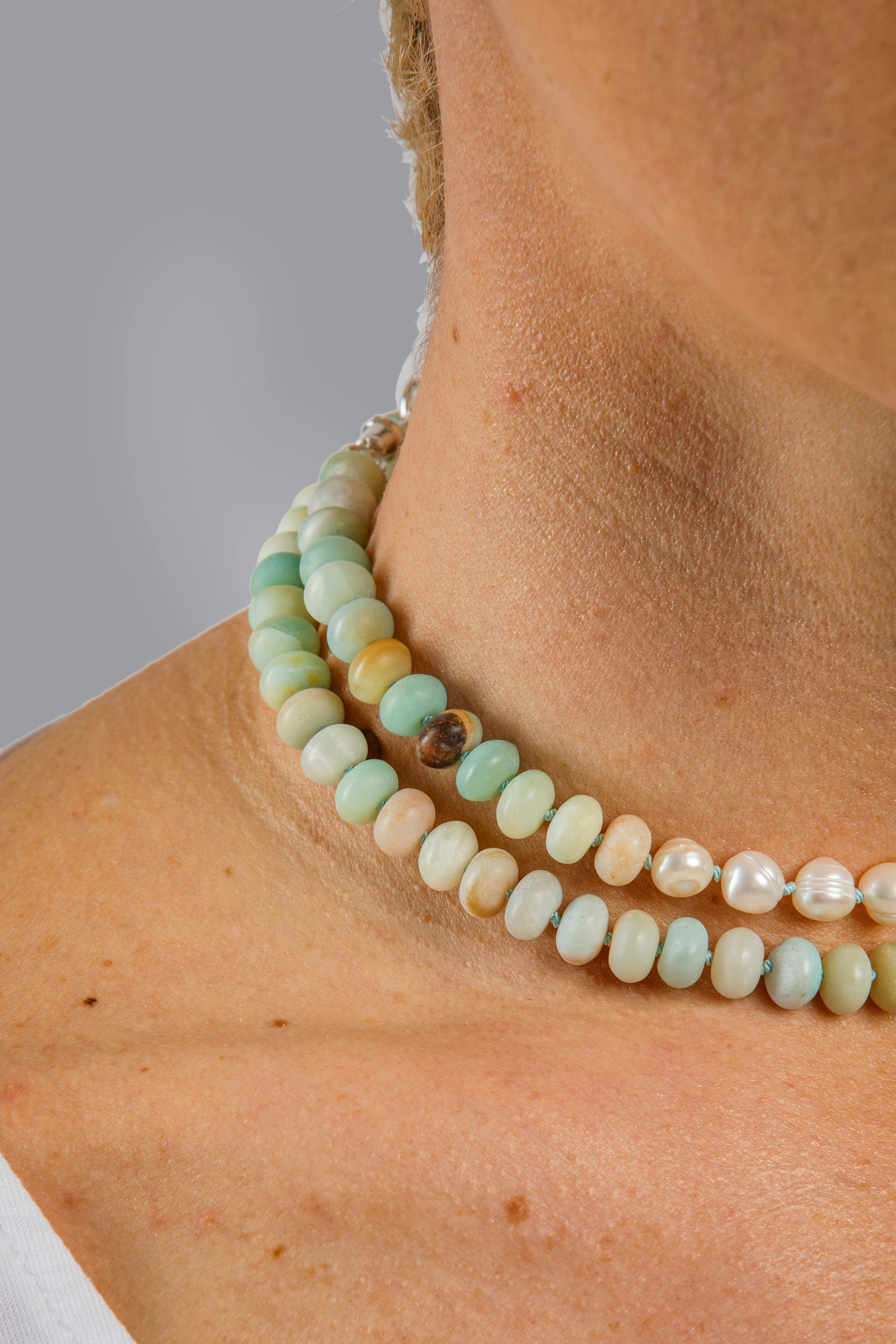 Amazonite and Micro Pearl Button Candy Necklace - Gemstone