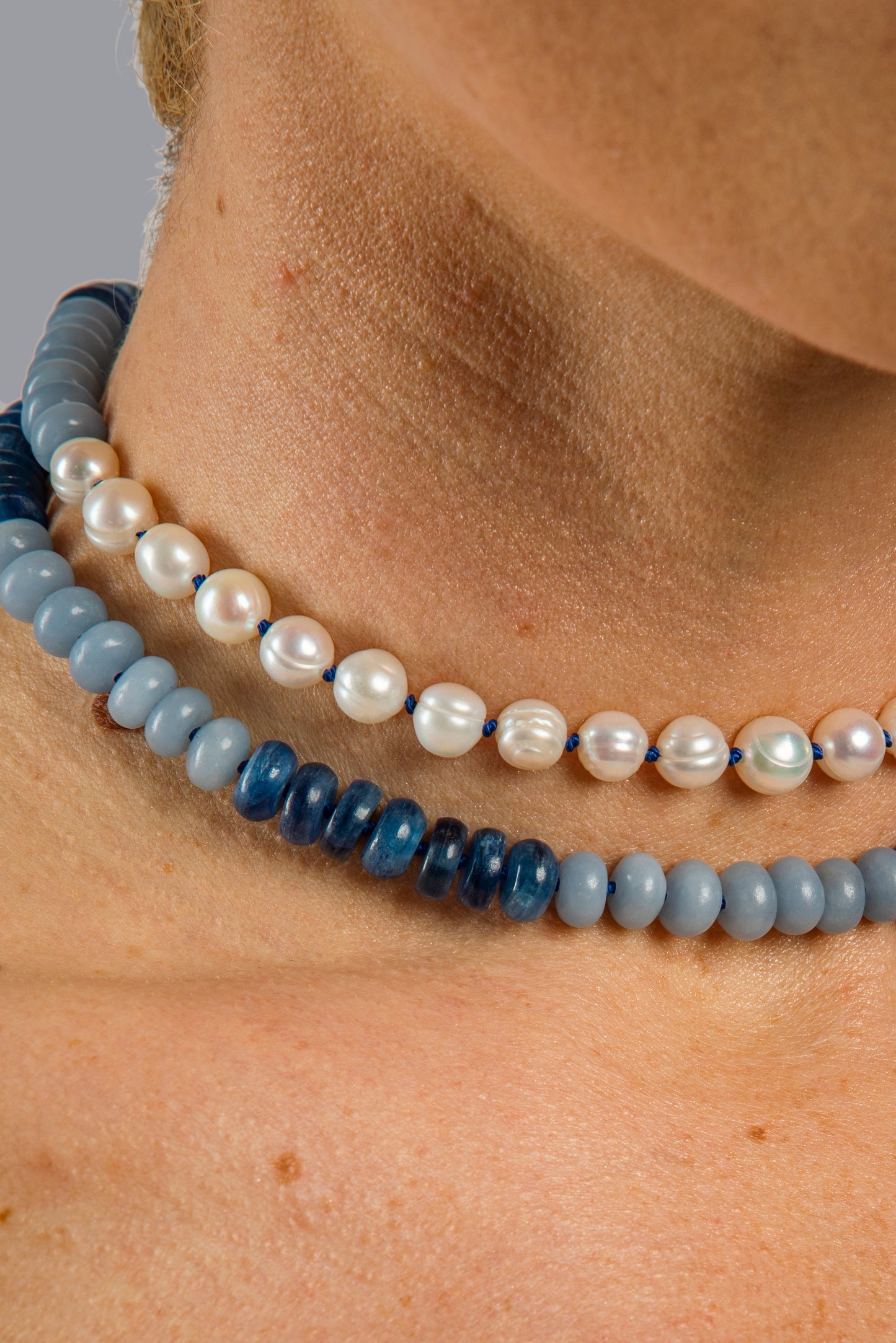 Blue Kyanite Angelite and Micro Pearl Button Candy Necklace