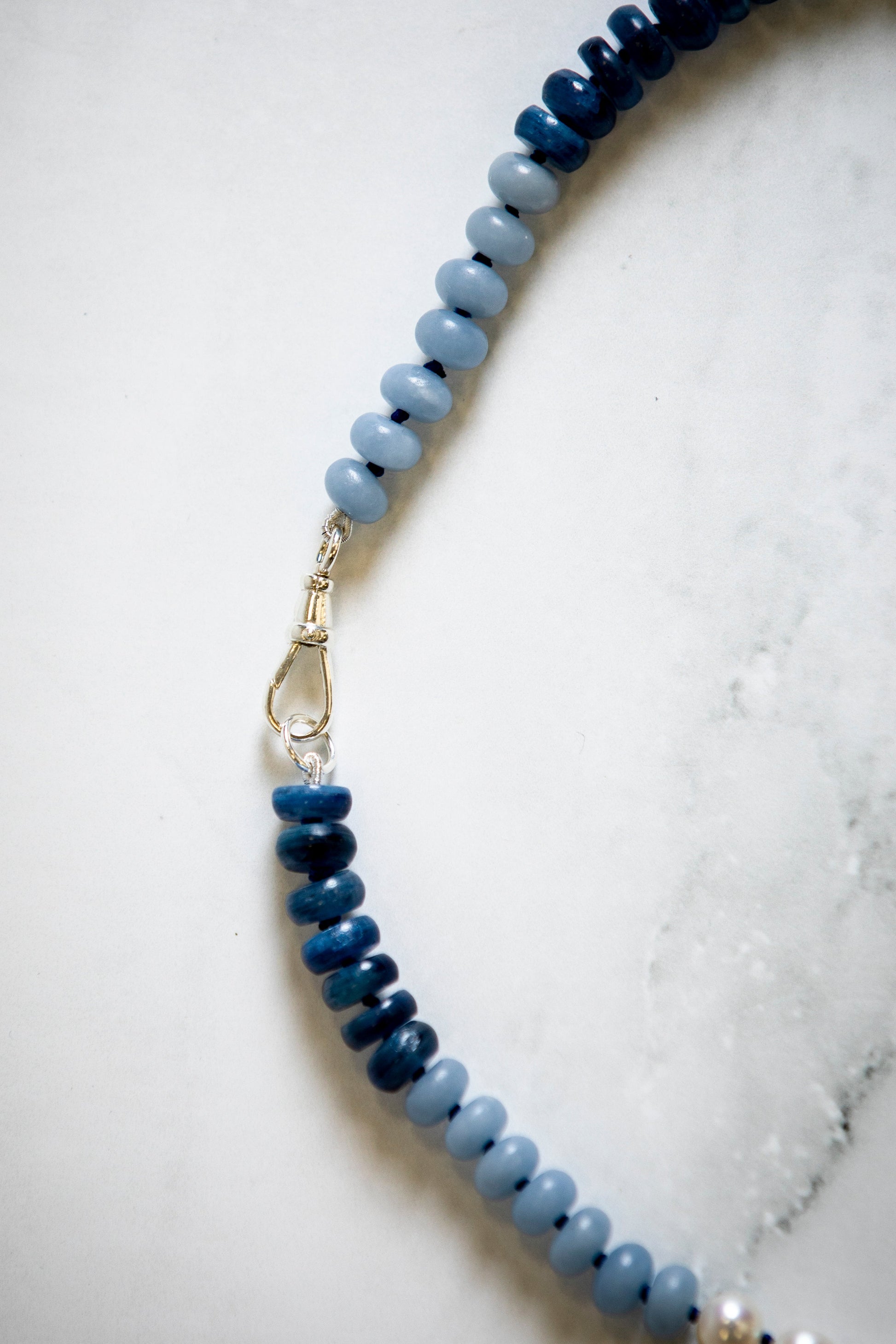 Blue Kyanite Angelite and Micro Pearl Button Candy Necklace