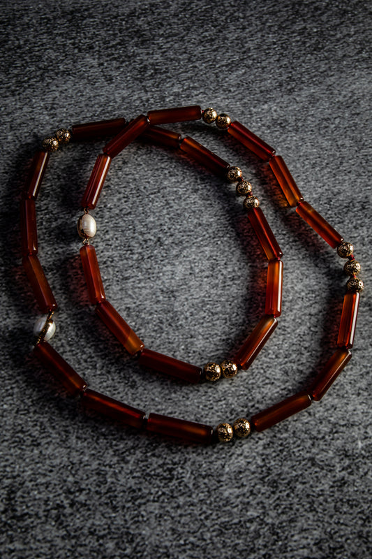 Carnelian Tube Gold Lava and Pearl Long Gemstone Necklace -