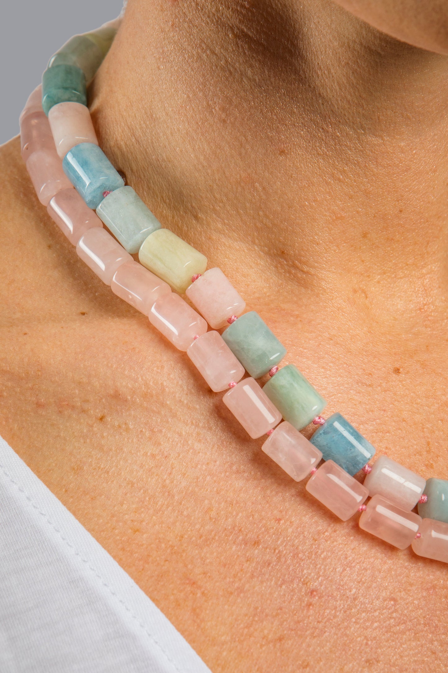 Pink Blue and Green Beryl Cylinder Gemstone Necklace -